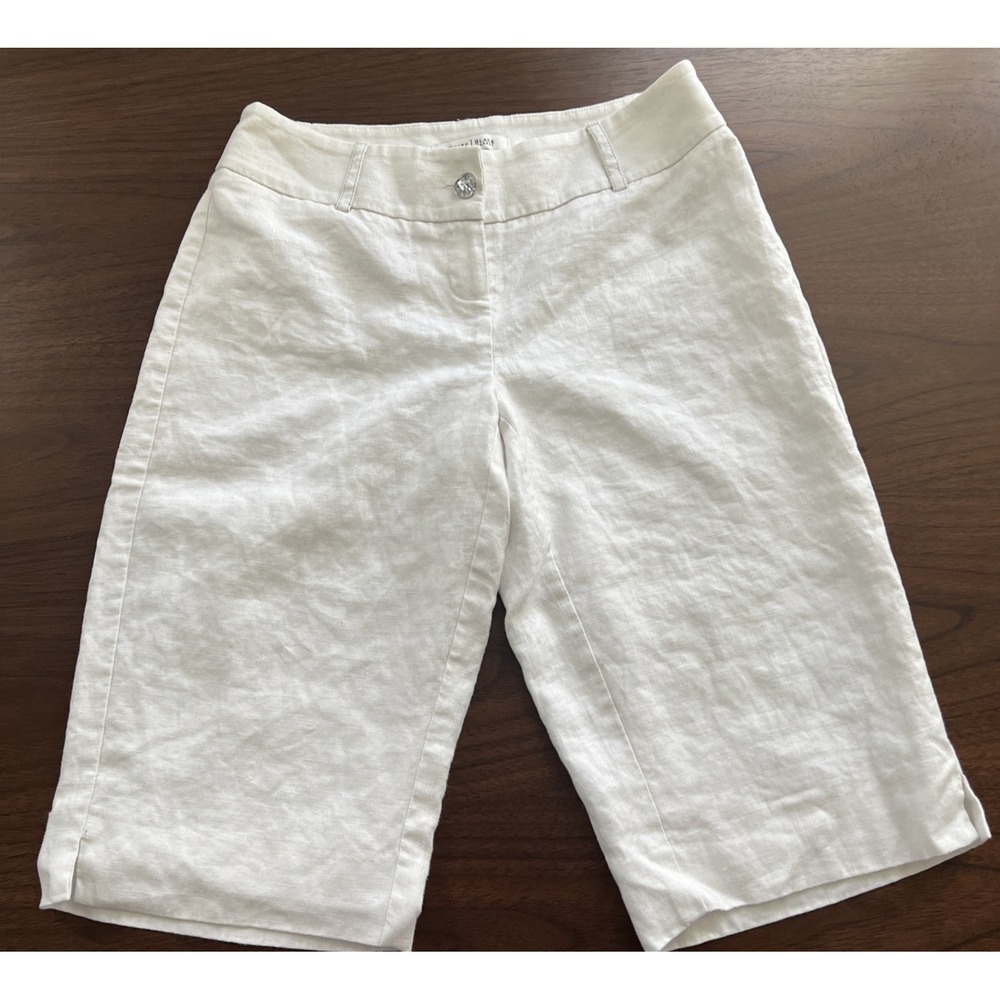 White Dressy Bermuda Shorts 100% Linen White House BM Lined -Crystal Button SZ 2